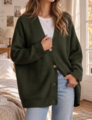 Cardigan donna verde scuro in maglia a coste con bottoni chiari sul davanti