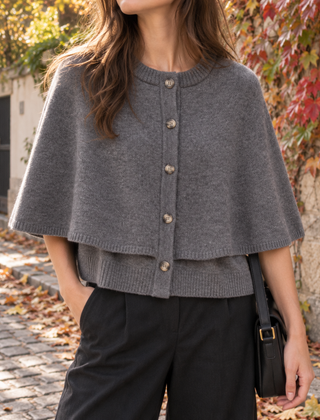 Cardigan grigio a mantella con girocollo a coste indossato con pantaloni neri ampi
