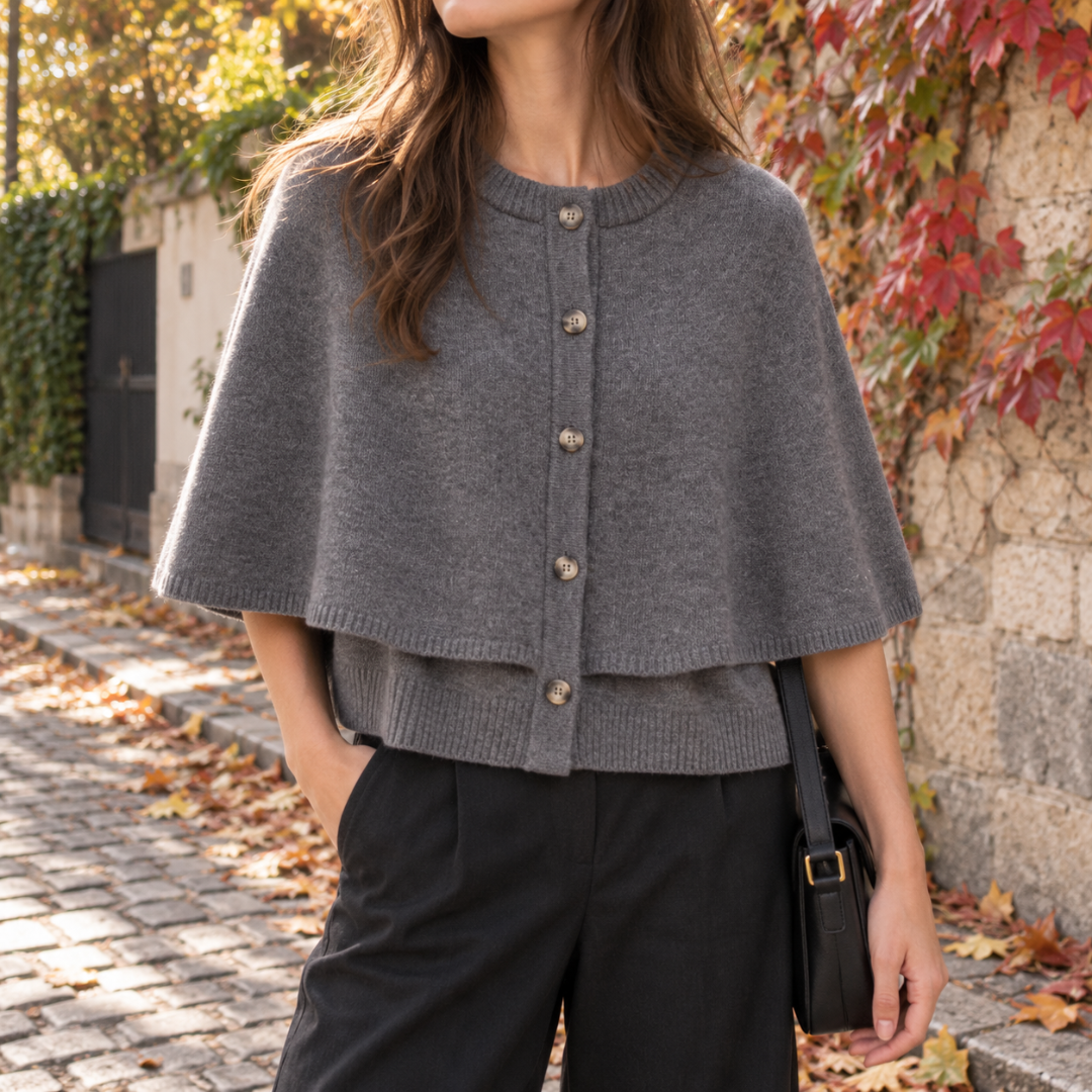 Cardigan grigio a mantella con girocollo a coste indossato con pantaloni neri ampi