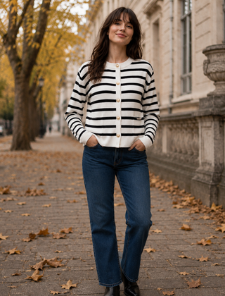 Cardigan donna a righe nere con bottoni dorati e tasche frontali, vista davanti