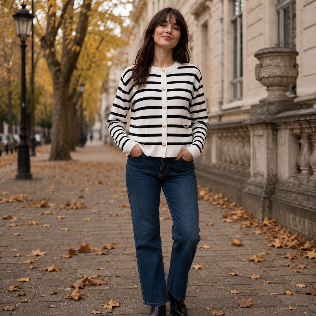 Cardigan donna a righe nere con bottoni dorati e tasche frontali, vista davanti