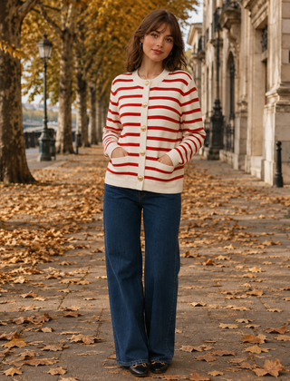 Cardigan donna a righe rosse con bottoni dorati e tasche applicate, vista frontale
