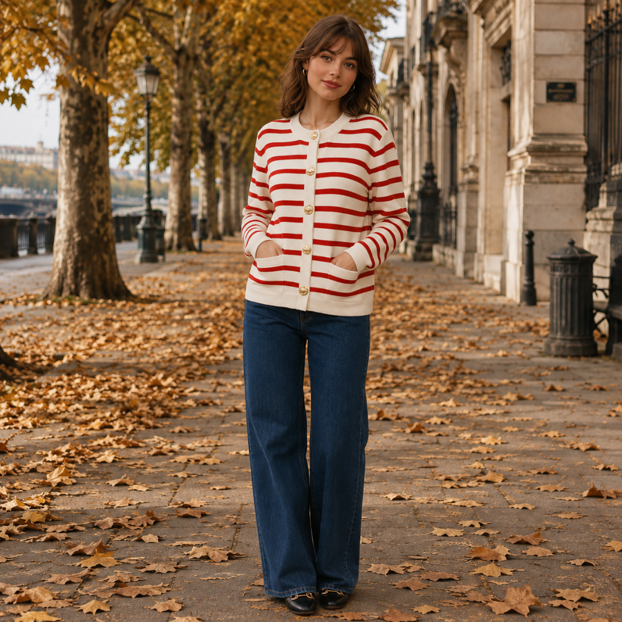 Cardigan donna a righe rosse con bottoni dorati e tasche applicate, vista frontale