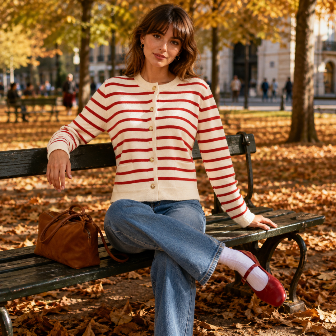 Donna seduta indossa cardigan a righe rosse con girocollo e bottoni dorati