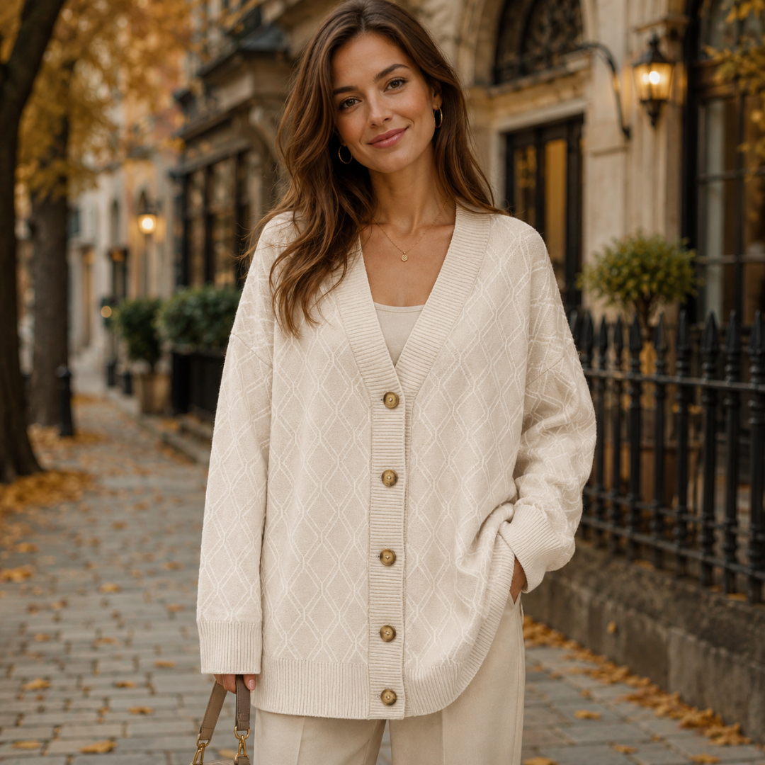 Cardigan beige a rombi con bottoni dorati e scollo a V profilato a coste