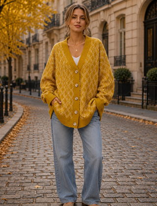 Cardigan giallo a rombi con bottoni sul davanti indossato con pantaloni chiari