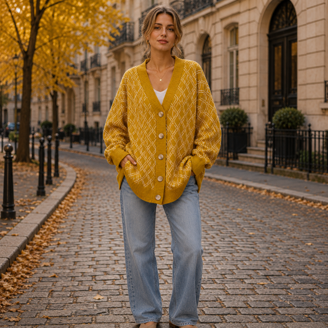 Cardigan giallo a rombi con bottoni sul davanti indossato con pantaloni chiari