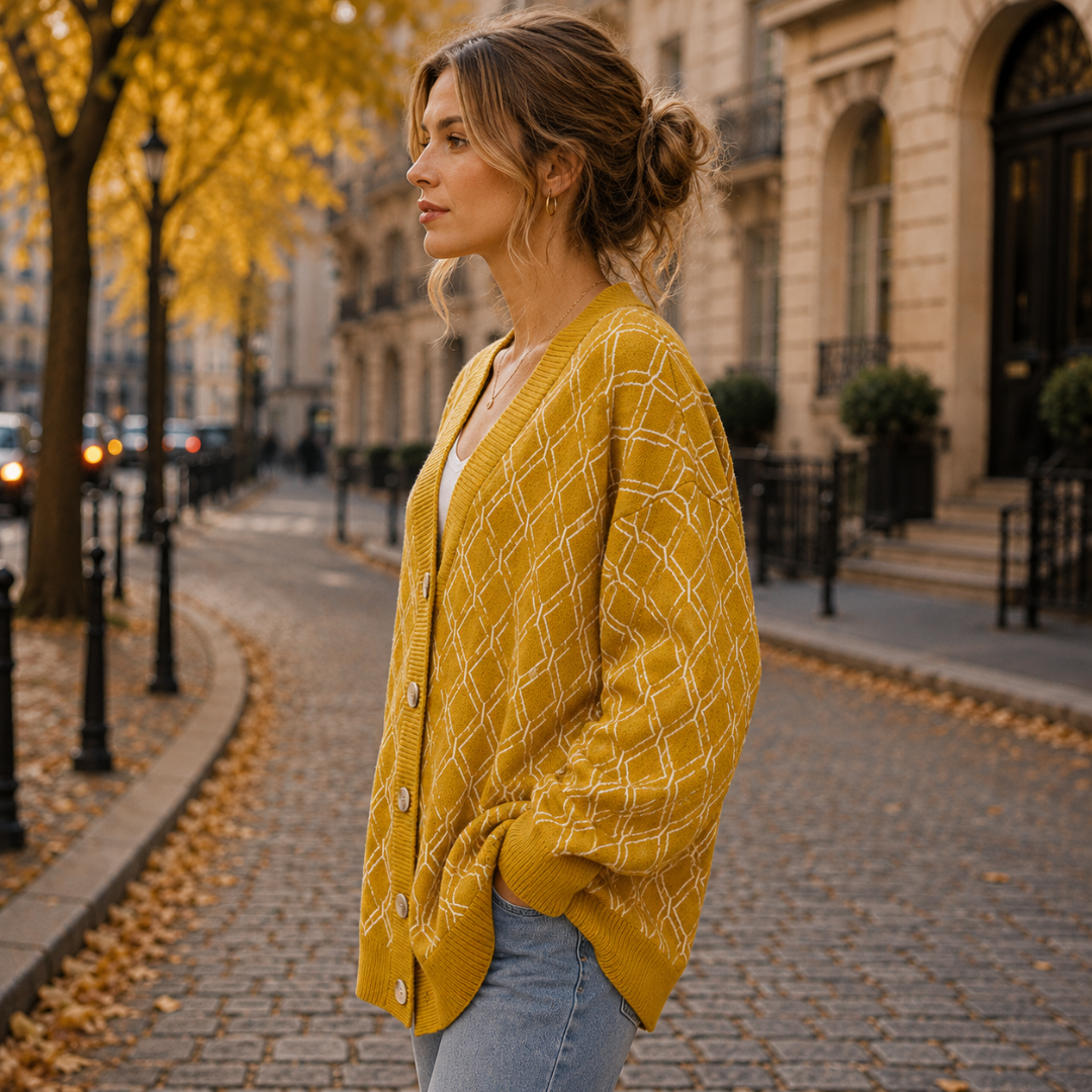 Cardigan giallo a rombi visto di lato, con polsini e fondo a coste
