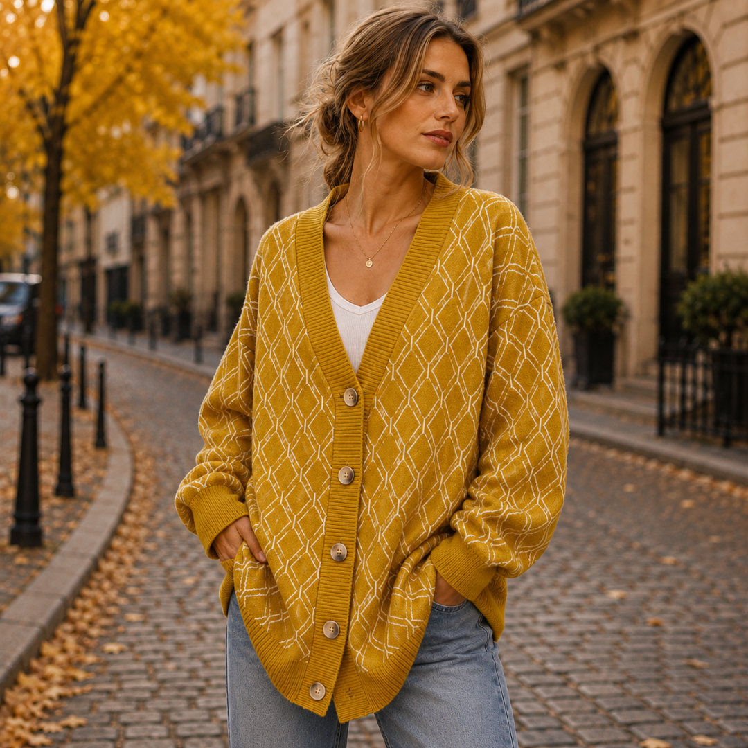 Dettaglio del cardigan giallo con scollo a V a coste e bottoni chiari