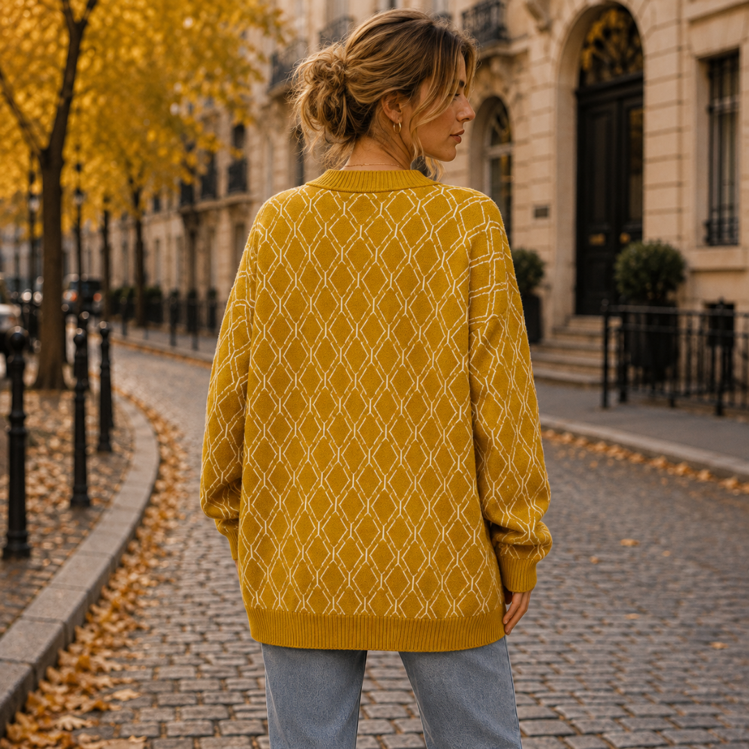 Retro del cardigan giallo con motivo a rombi a contrasto e maniche lunghe