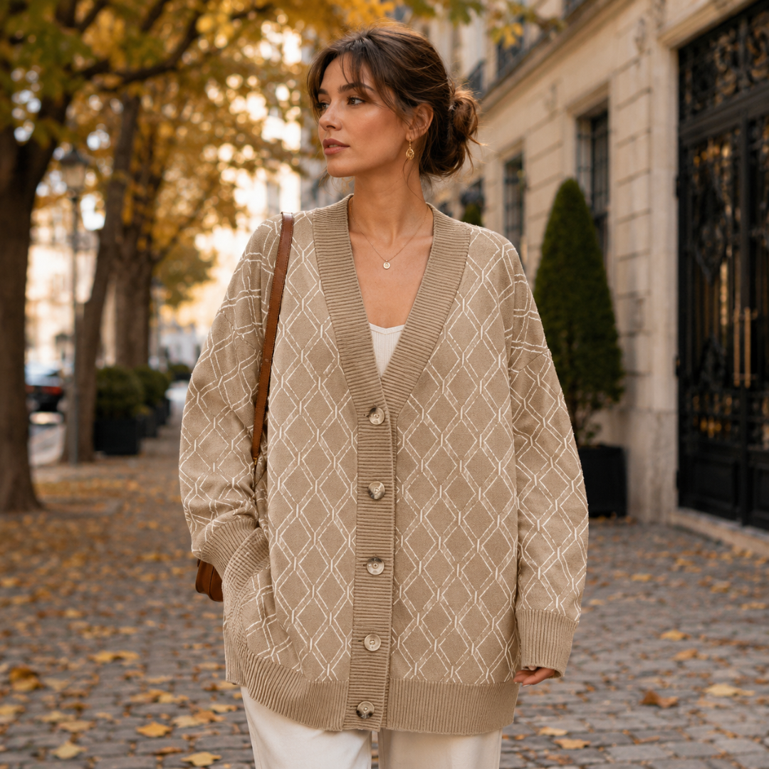 Cardigan kaki a rombi con scollo a V e bordi a coste, look da giorno
