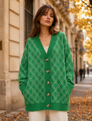 Cardigan verde a rombi bianchi con bottoni e fondo a coste, mani in tasca