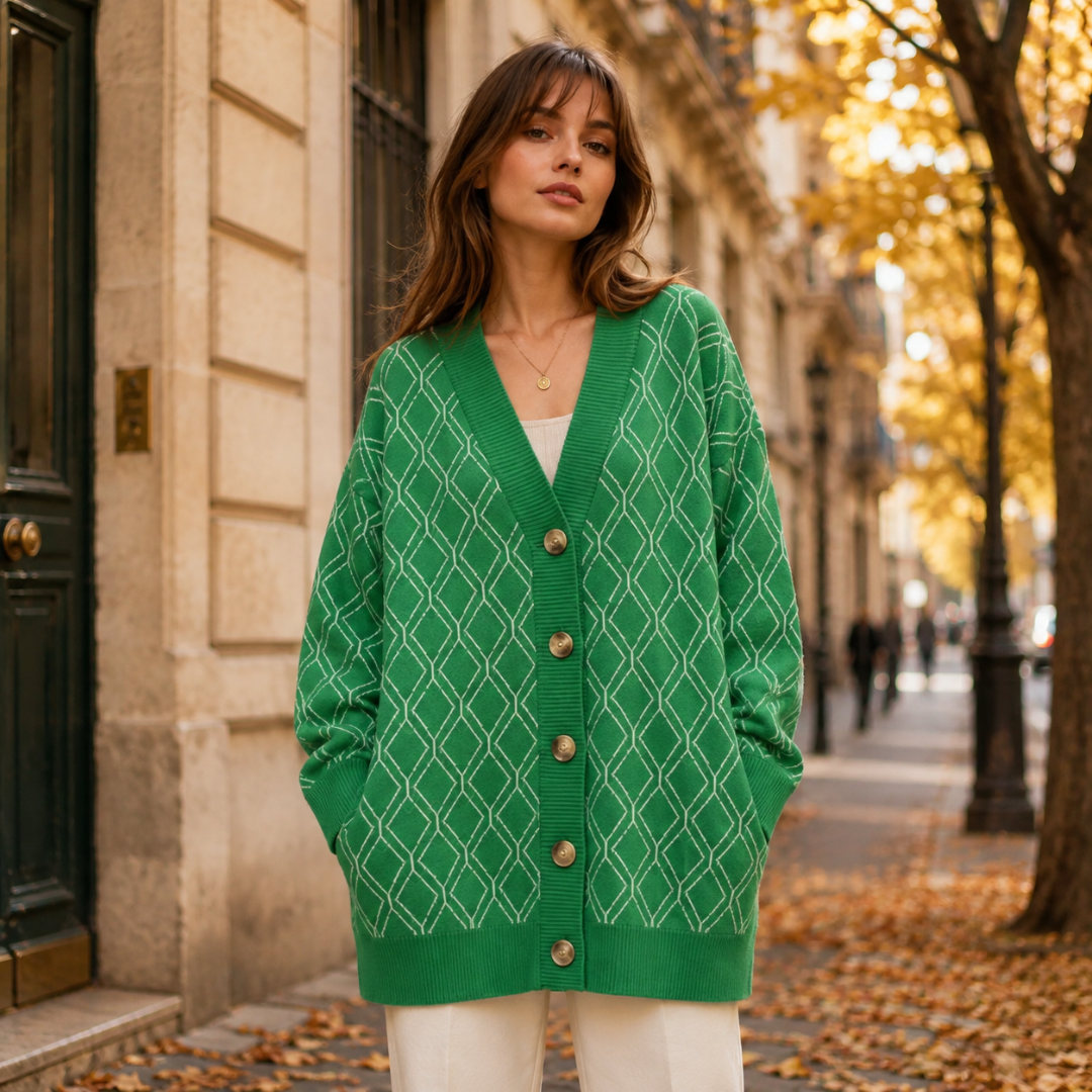 Cardigan verde a rombi bianchi con bottoni e fondo a coste, mani in tasca