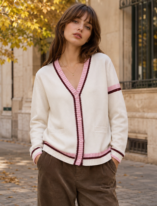 Cardigan donna bianco con bordi a righe rosa, scollo a V e bottoni