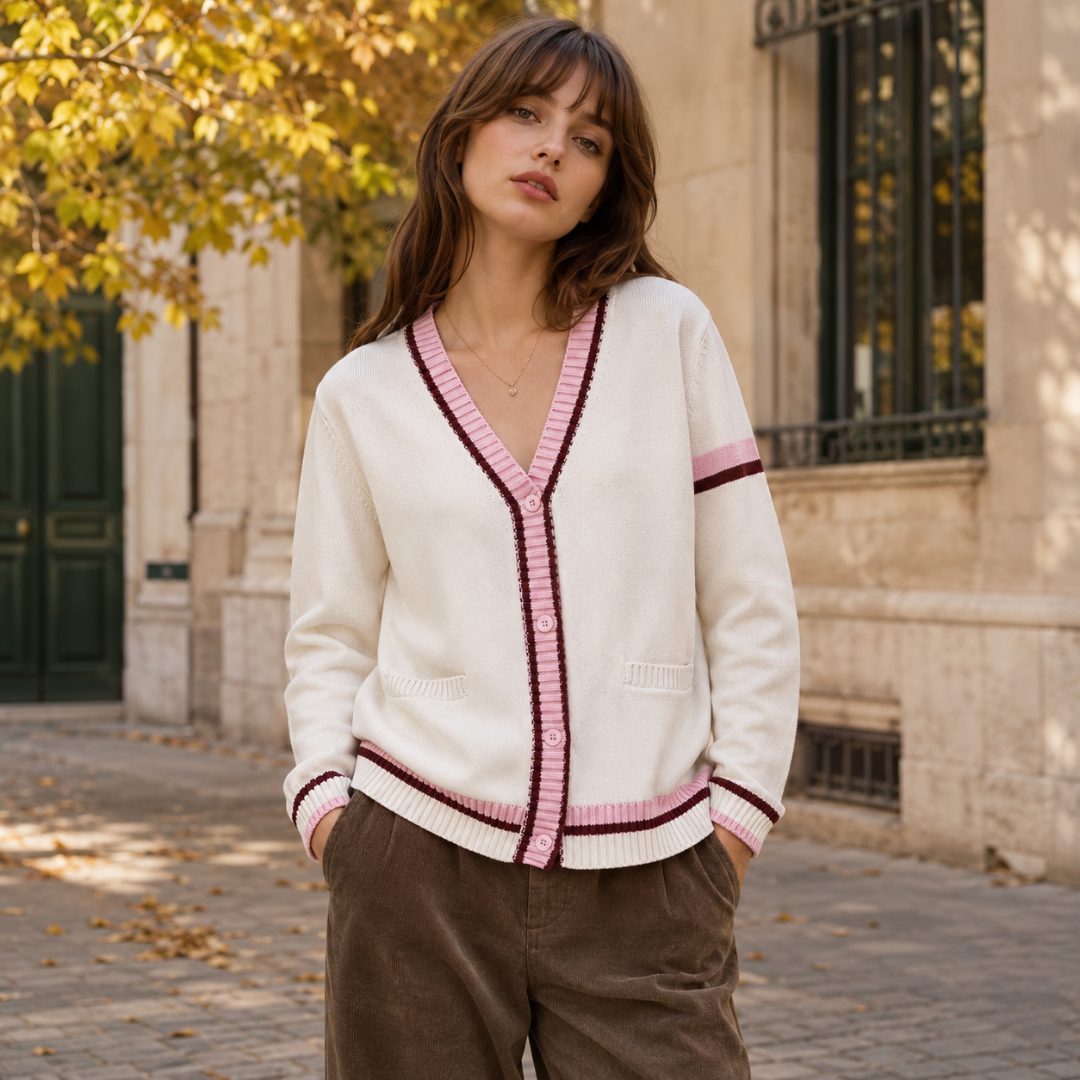 Cardigan donna bianco con bordi a righe rosa, scollo a V e bottoni