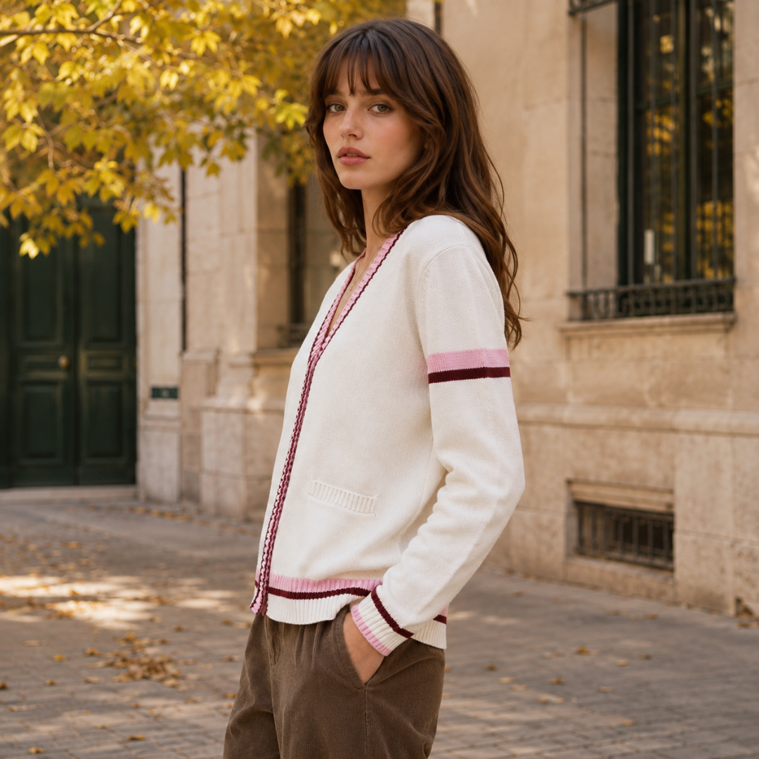 Cardigan bianco di profilo con riga rosa sulla manica e tasca applicata