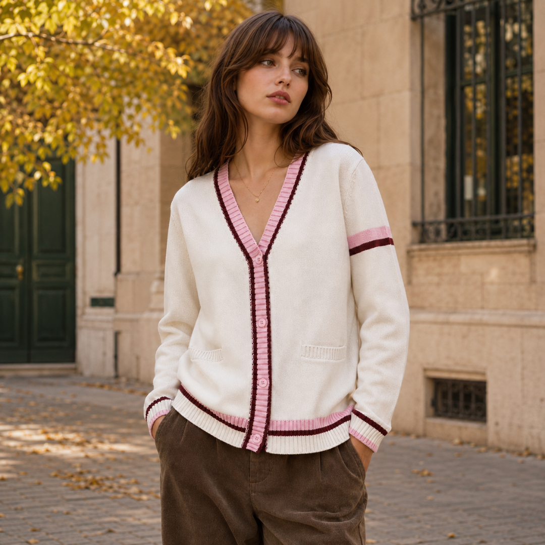 Cardigan donna bianco con bordi a righe rosa e bordeaux e bottoni sul davanti