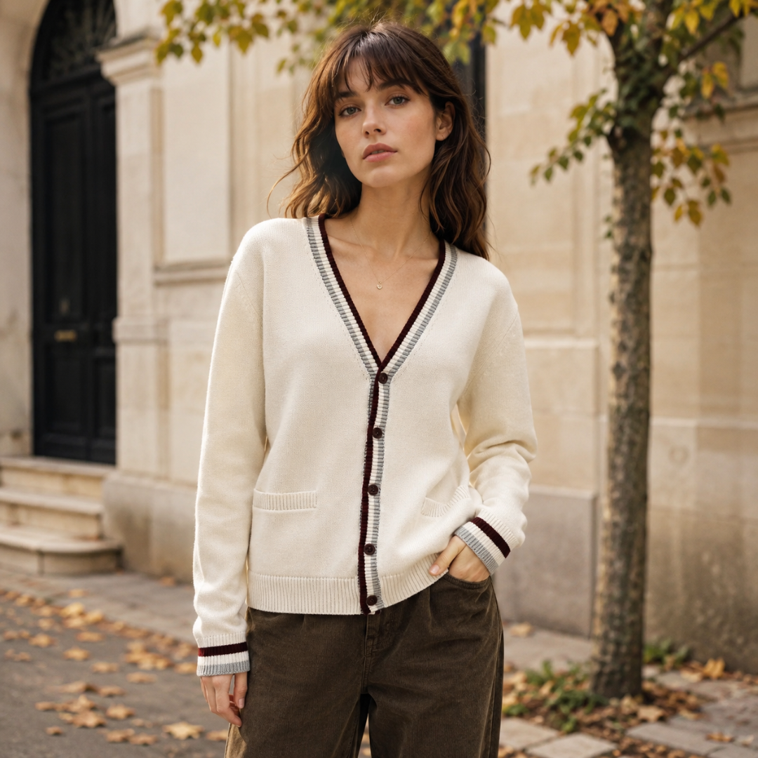 Cardigan donna bianco con bordi a righe grigie, bottoni e due tasche applicate