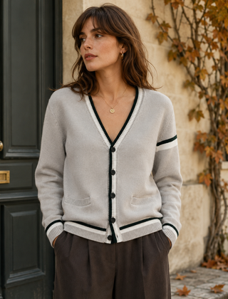 Cardigan donna grigio con bordi a righe bianche e nere e scollo a V