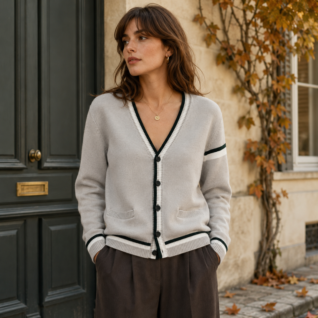 Cardigan donna grigio con bordi a righe bianche e nere e scollo a V