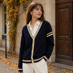 Cardigan donna scuro con righe gialle e bianche su scollo e maniche