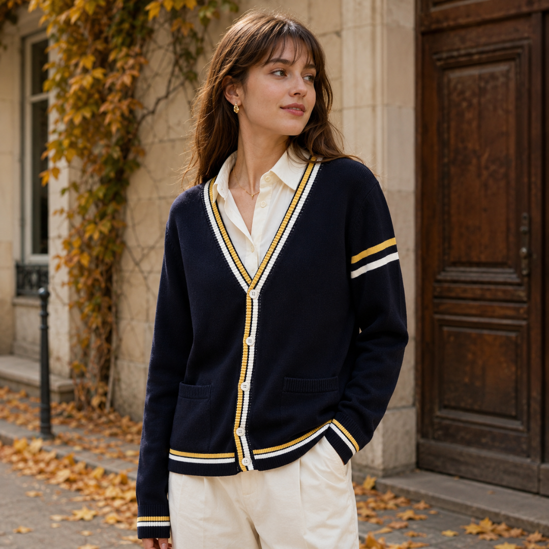 Cardigan donna scuro con righe gialle e bianche su scollo e maniche