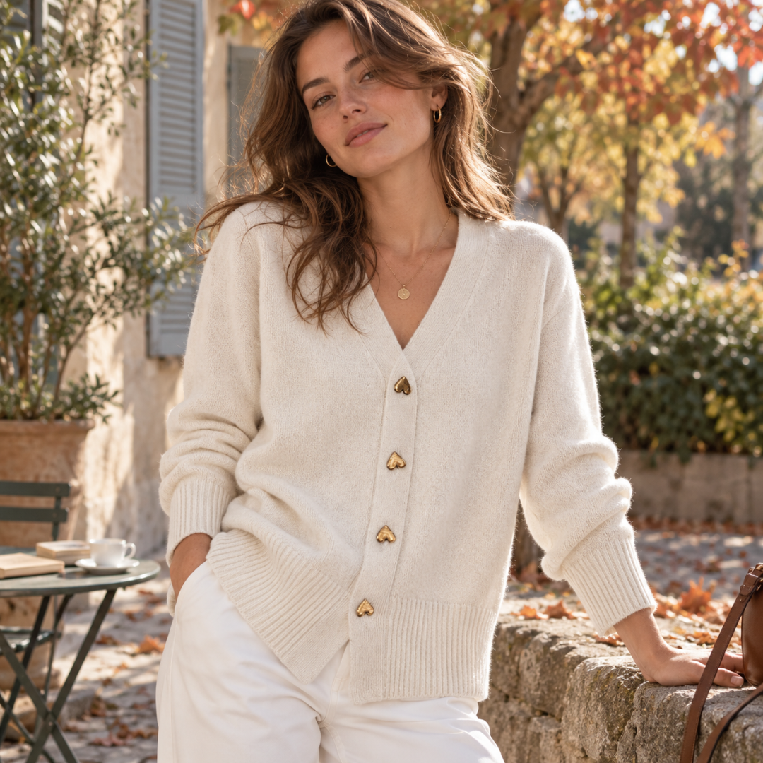 Cardigan beige con scollo a V profondo, bottoni a cuore dorati e bordo a coste