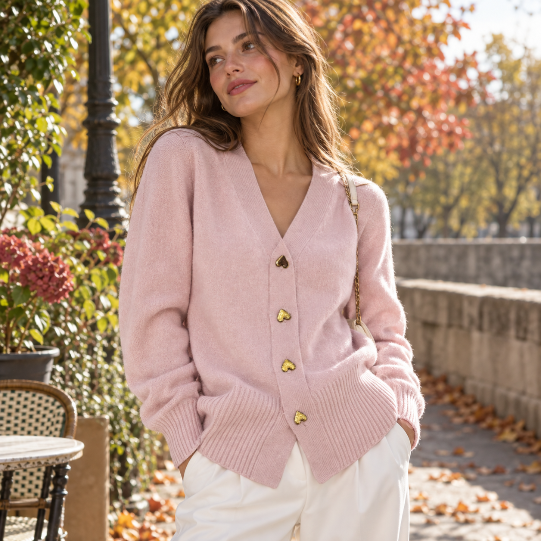 Cardigan donna rosa con quattro bottoni a cuore dorati e maniche lunghe