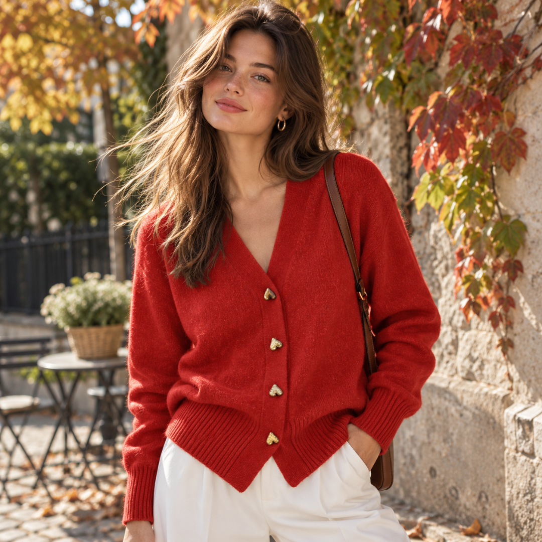 Cardigan rosso con scollo a V, bottoni a cuore dorati e fondo a coste