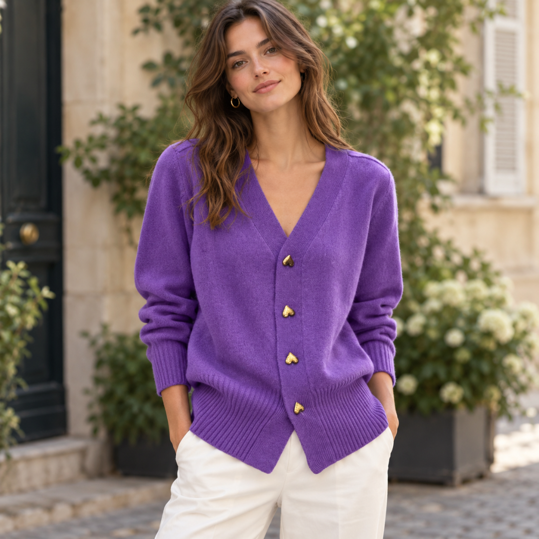 Cardigan donna viola con scollo a V e bottoni a cuore dorati sul davanti