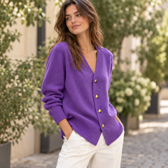 Cardigan viola di tre quarti con bordo a coste sul fondo e maniche lunghe