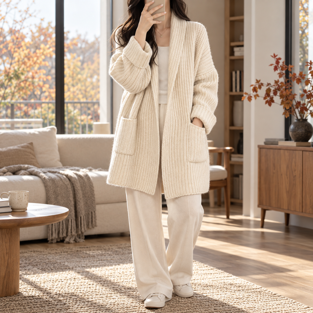 Cardigan donna bianco in maglia a coste con collo a scialle e tasche applicate