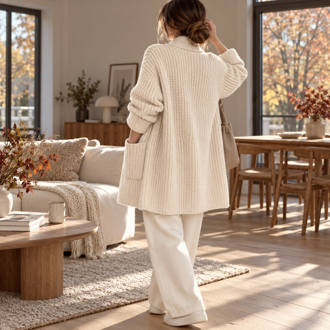 Retro del cardigan donna bianco in maglia a coste con maniche lunghe