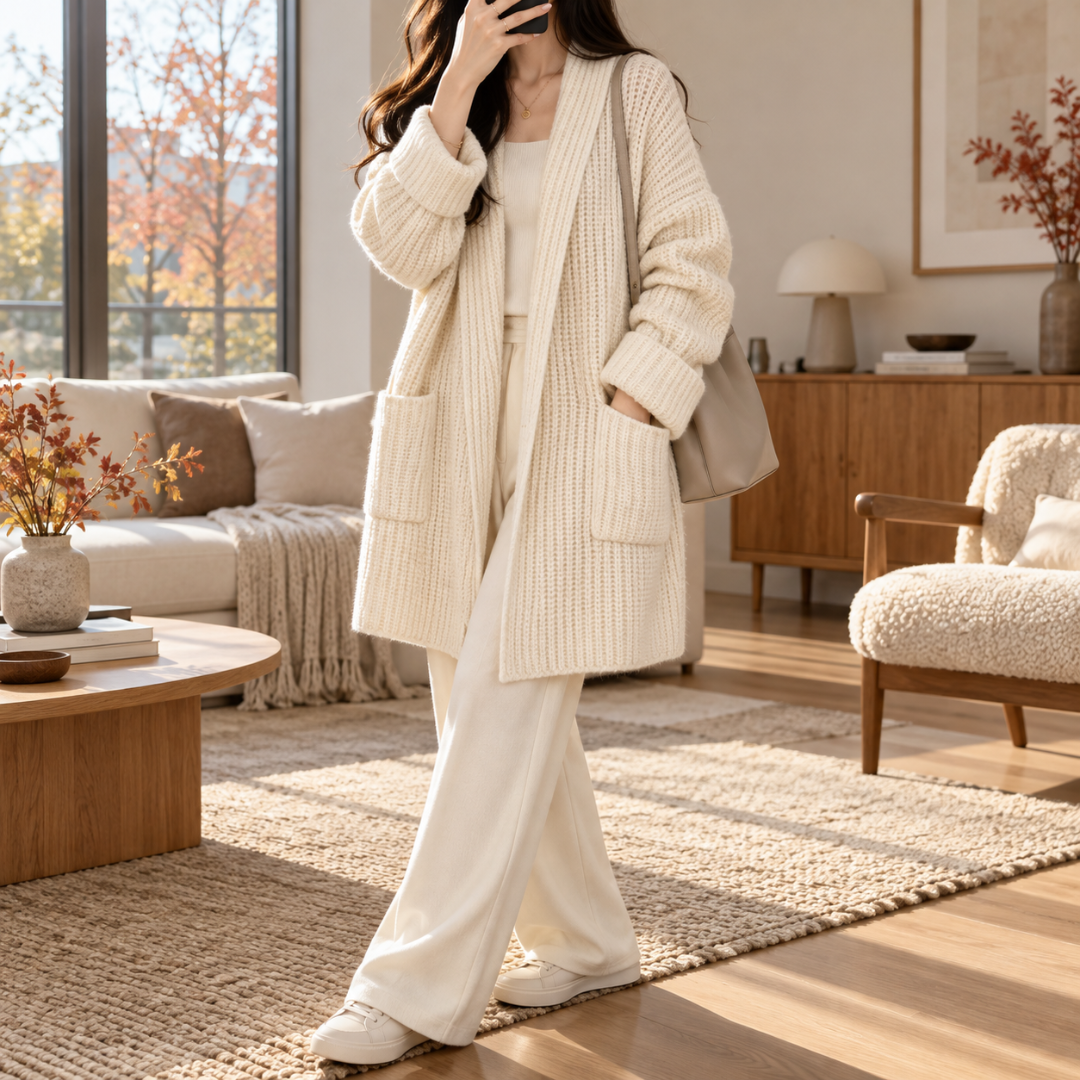 Cardigan bianco con collo a scialle lungo il davanti e due tasche applicate