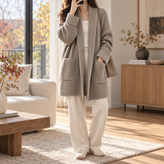 Cardigan donna grigio - kaki in maglia a coste con collo a scialle aperto