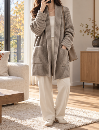 Cardigan donna grigio - kaki in maglia a coste con collo a scialle aperto