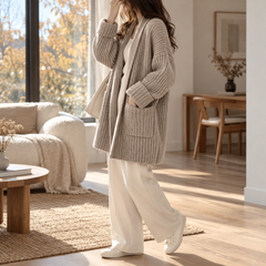Cardigan grigio - kaki di lato con tasca applicata e polsino risvoltato