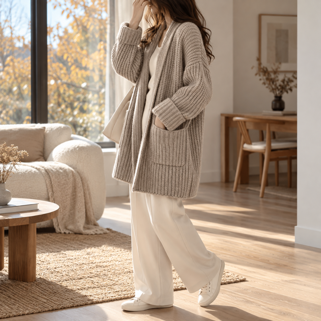 Cardigan grigio - kaki di lato con tasca applicata e polsino risvoltato