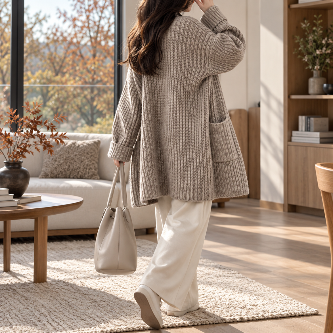 Retro del cardigan grigio - kaki in maglia a coste con maniche lunghe