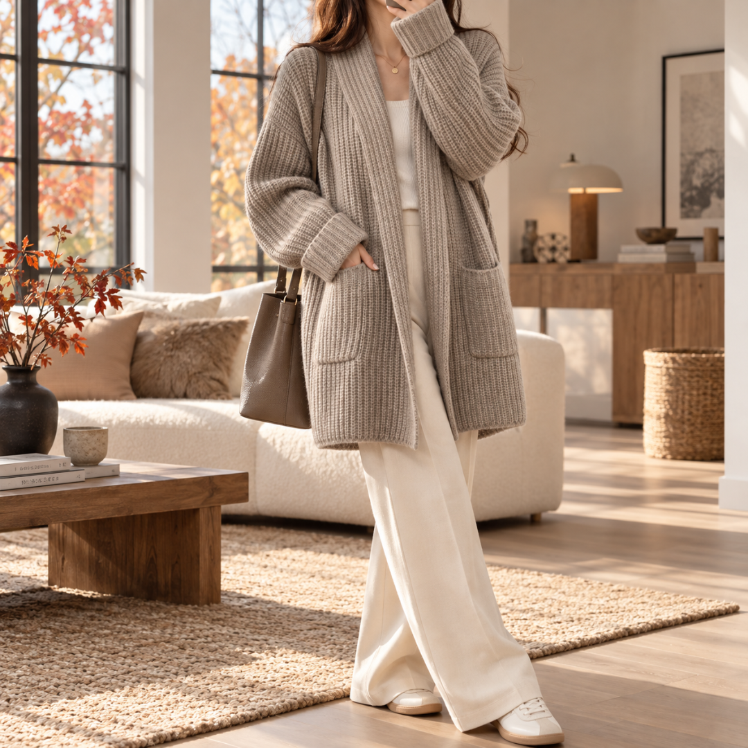 Cardigan donna grigio - kaki aperto con collo a scialle e tasche frontali