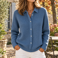 Cardigan donna blu con bottoni sul davanti, colletto a camicia e polsini a coste