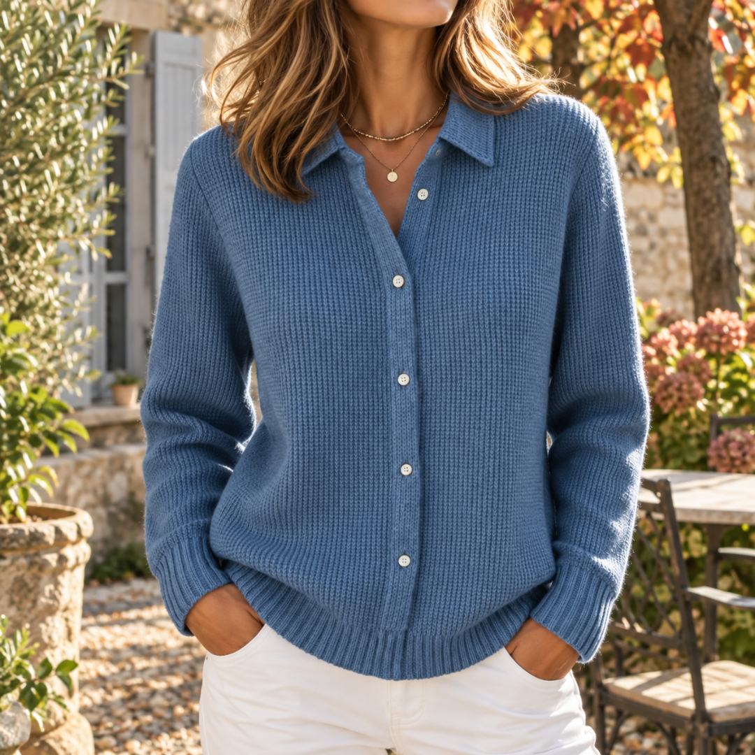 Cardigan donna blu con bottoni sul davanti, colletto a camicia e polsini a coste