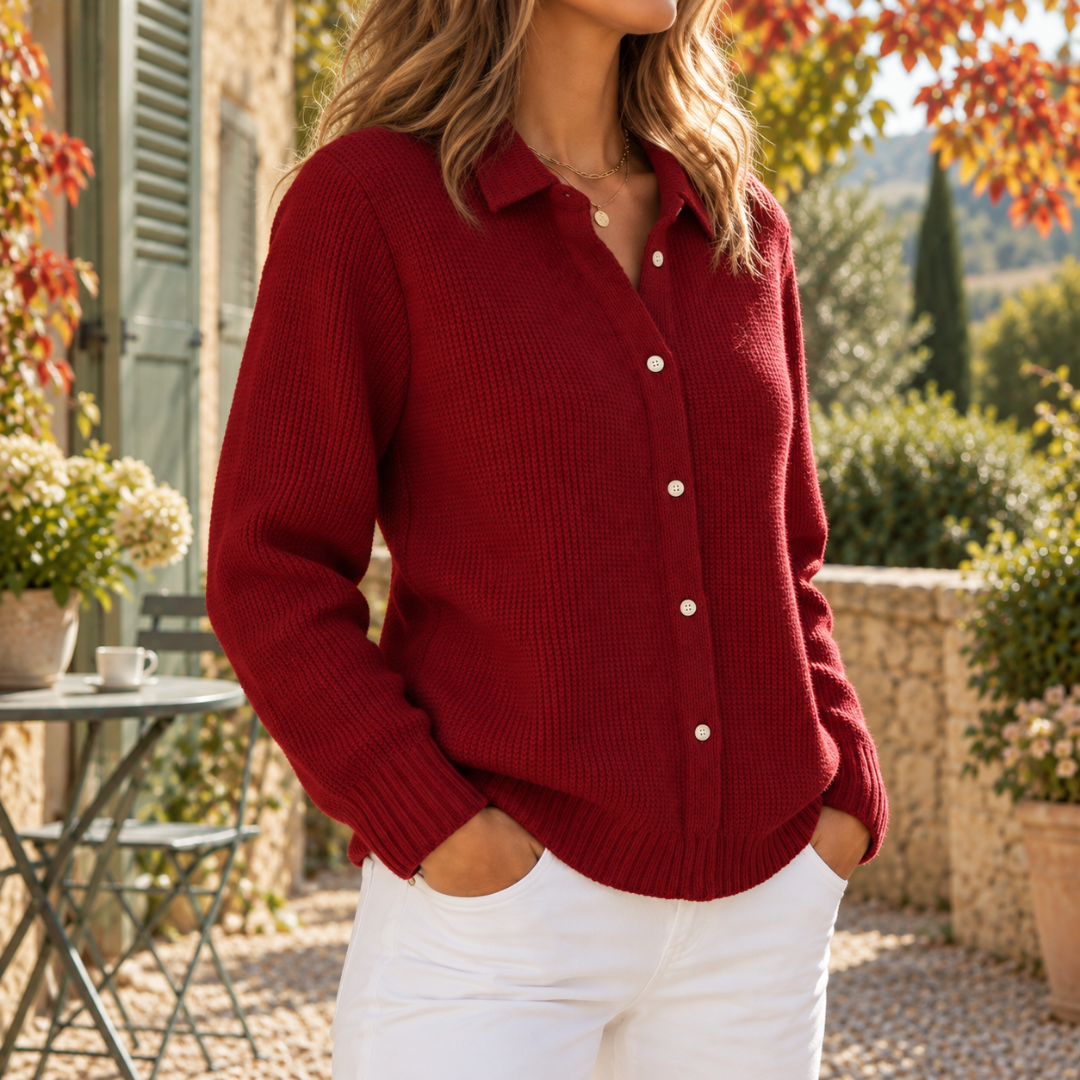 Cardigan rosso donna con colletto a camicia e fila di bottoni sul davanti