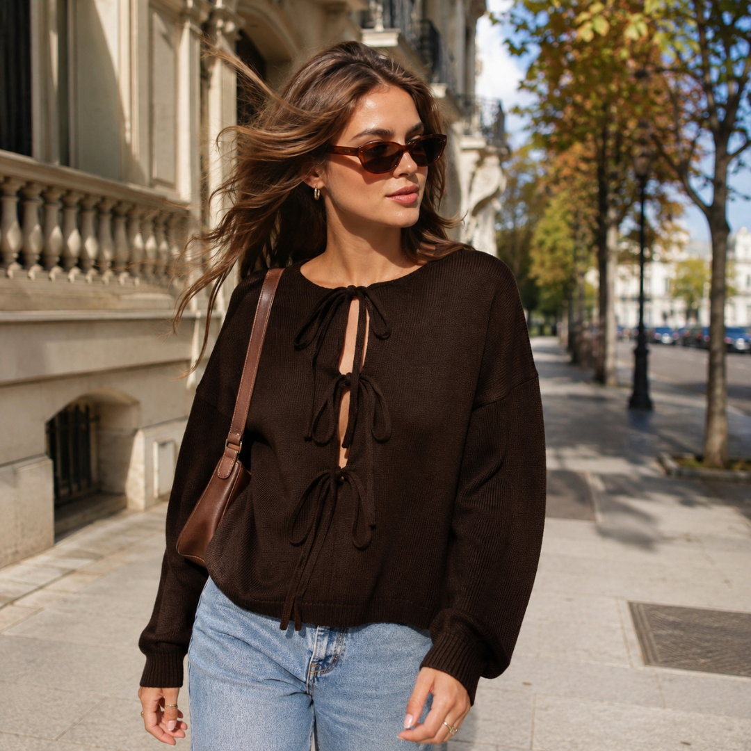 Cardigan donna marrone scuro in maglia con fiocchi e maniche lunghe