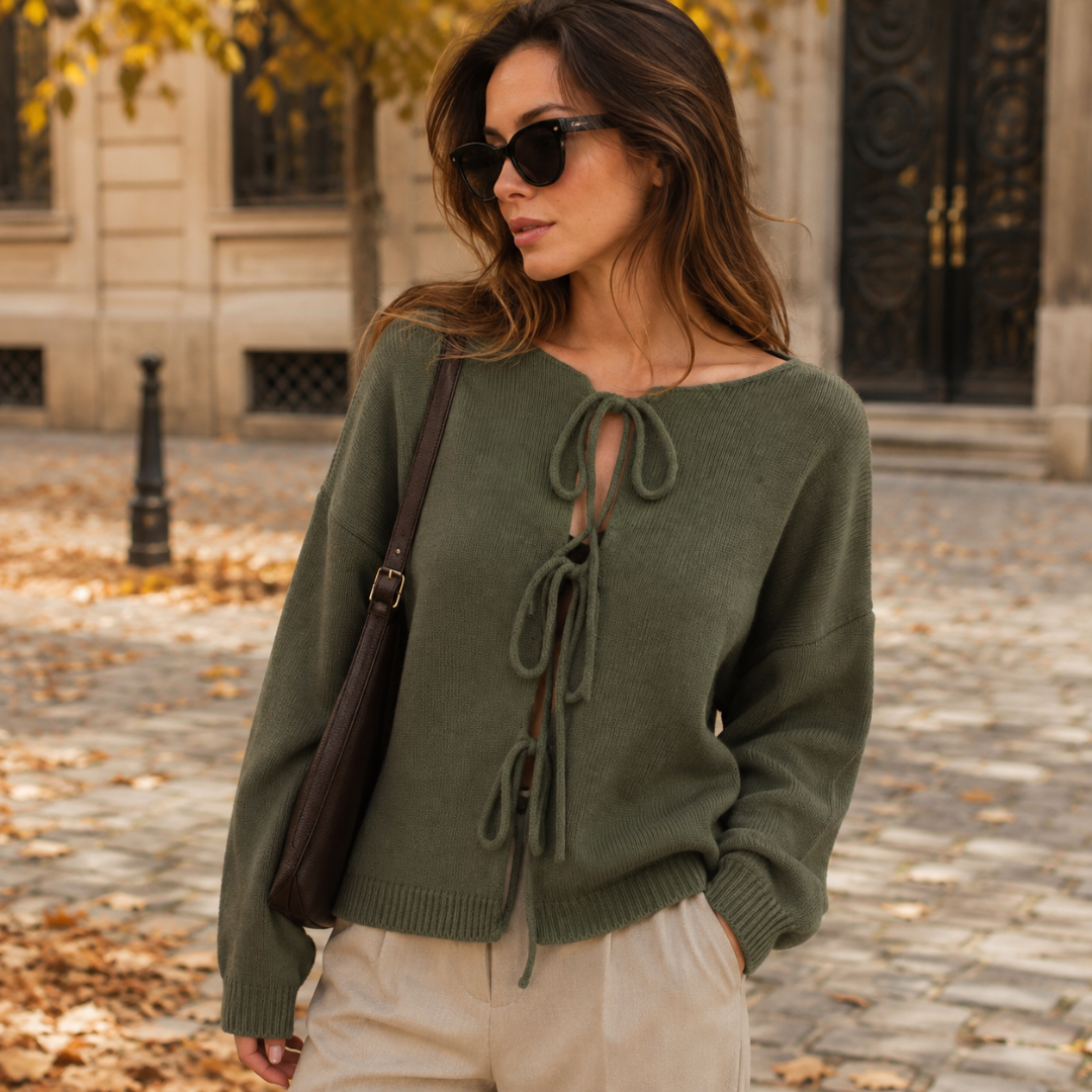 Cardigan donna verde con apertura frontale a fiocchi e spalle scese