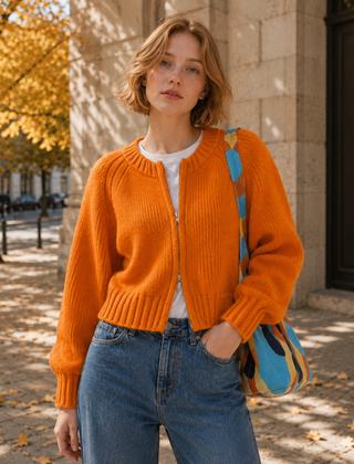 Cardigan donna arancione corto in maglia con zip centrale e girocollo a coste