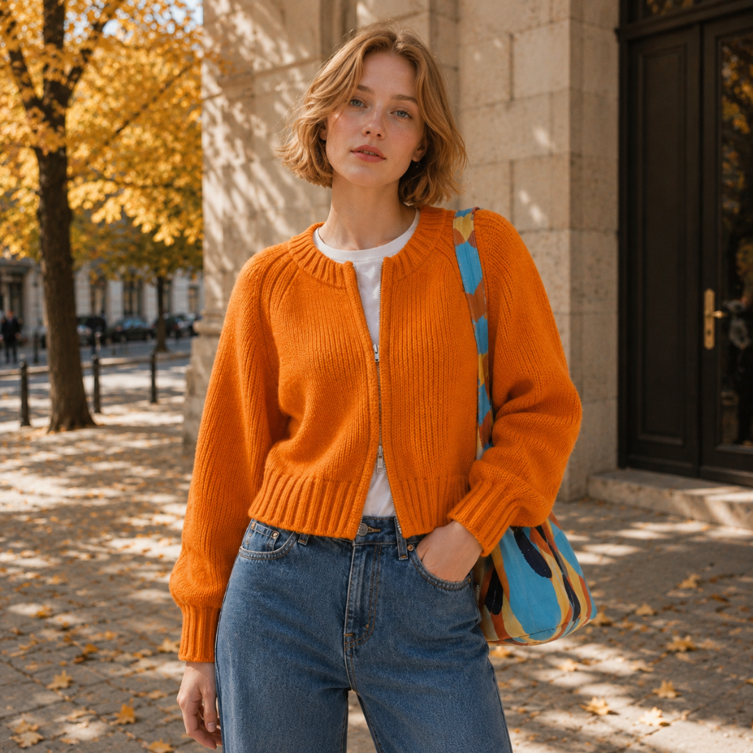 Cardigan donna arancione corto in maglia con zip centrale e girocollo a coste
