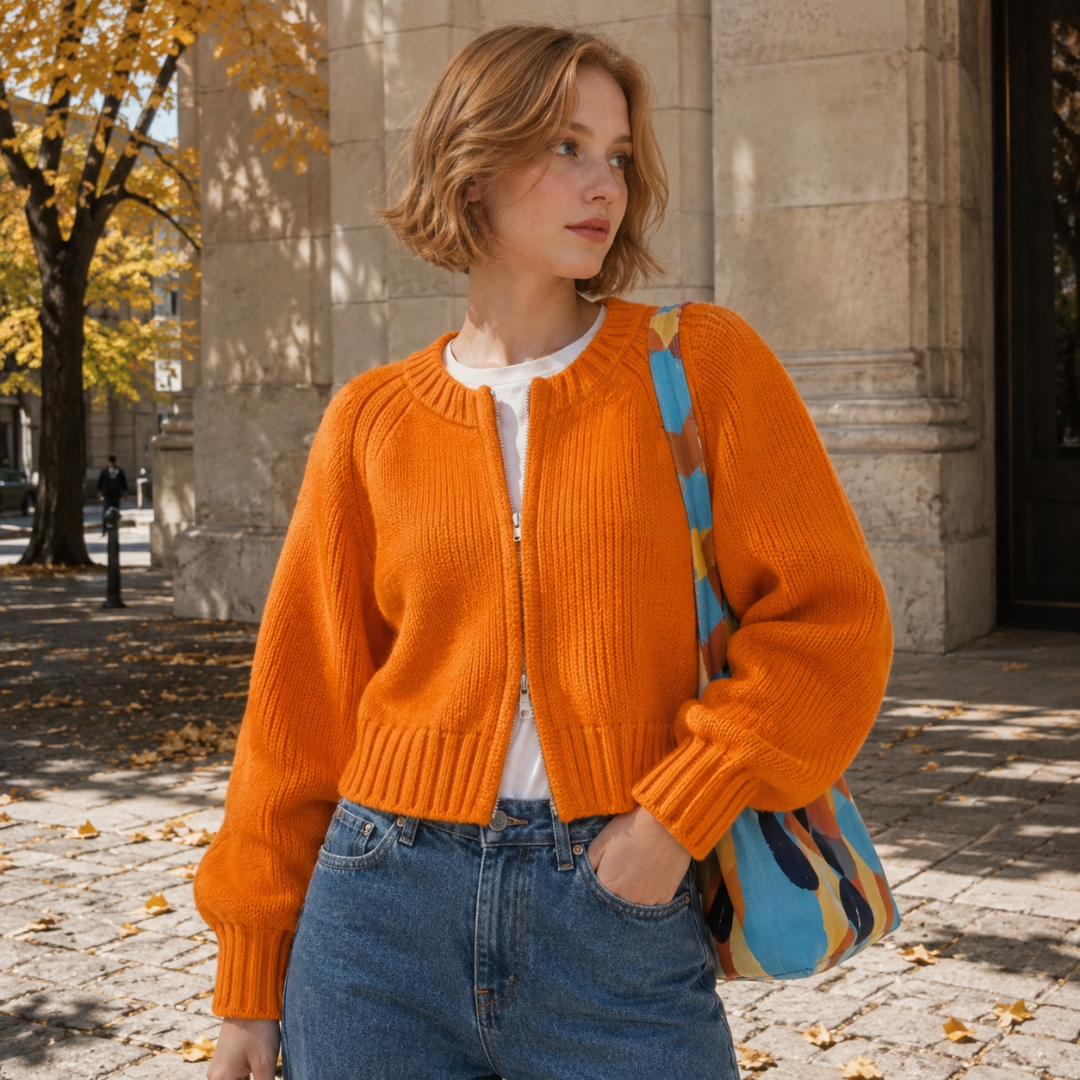 Cardigan arancione con maniche raglan e polsini a coste su pantaloni blu