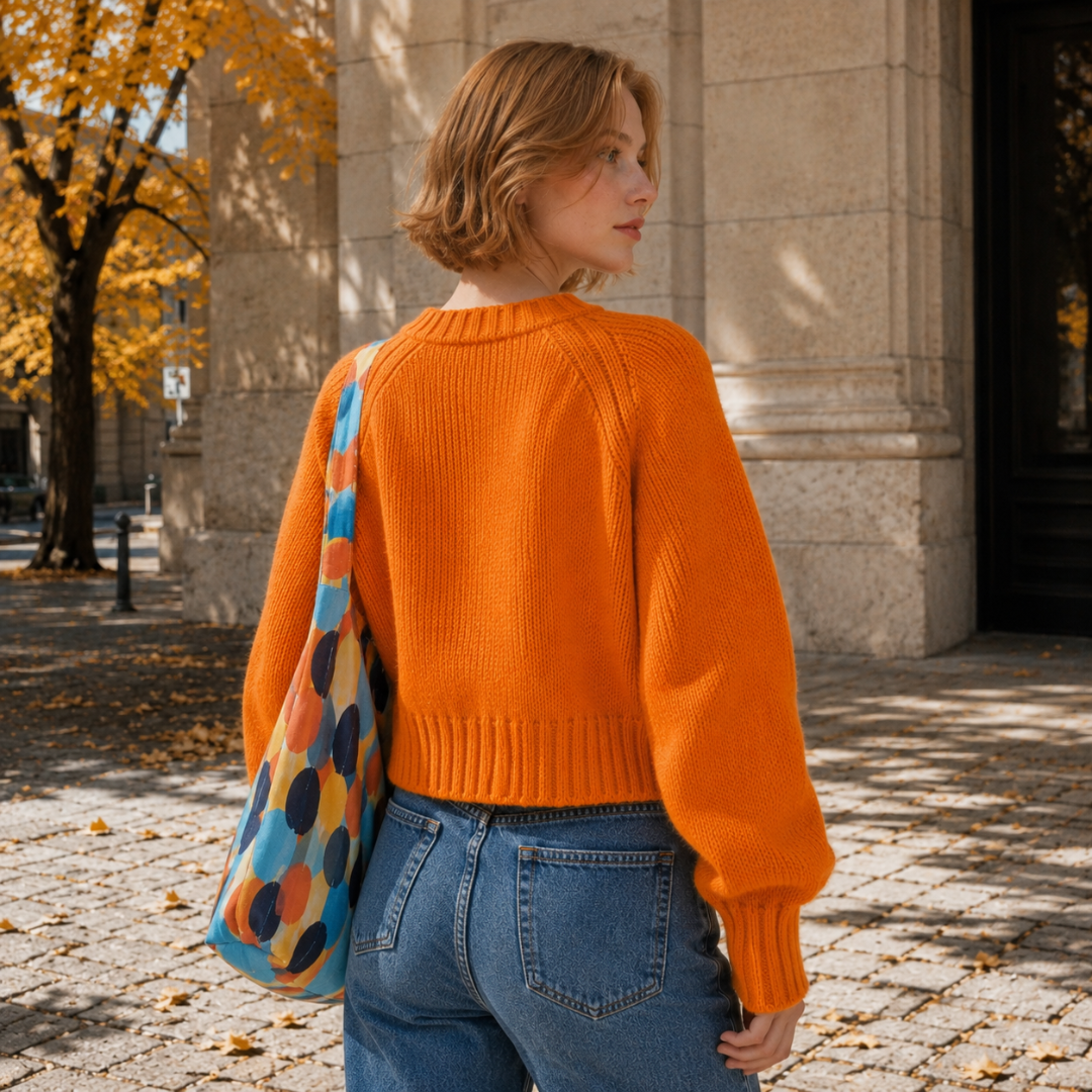 Vista posteriore del cardigan arancione con fondo a coste e spalle raglan