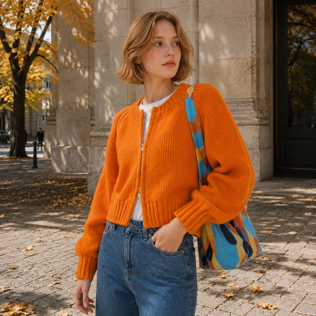 Cardigan arancione corto con zip aperta, pantaloni blu e borsa colorata